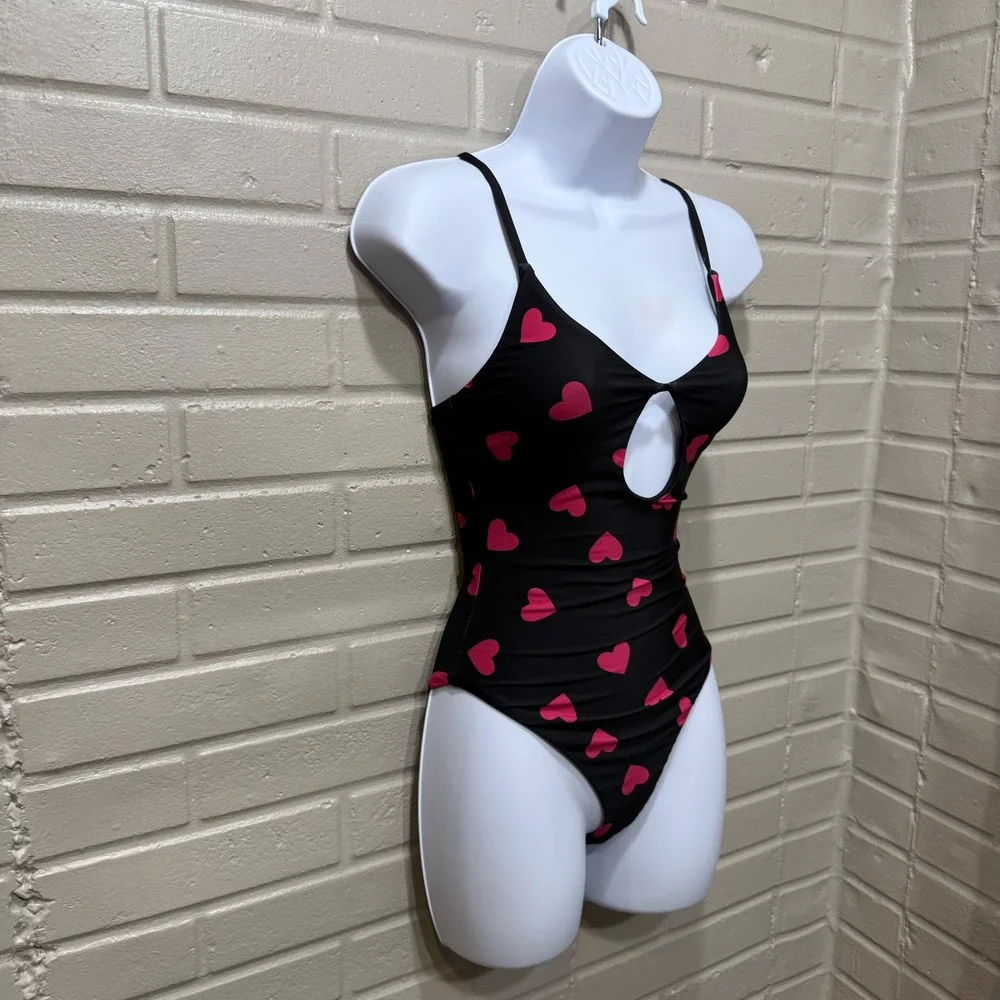 Beach Riot NWOT Priscilla Tough Love One Piece Swimsuit XS Black Pink Hearts USA